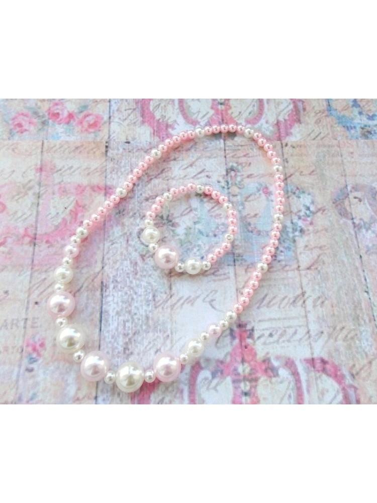 Baby necklace set Pink with white big pearls