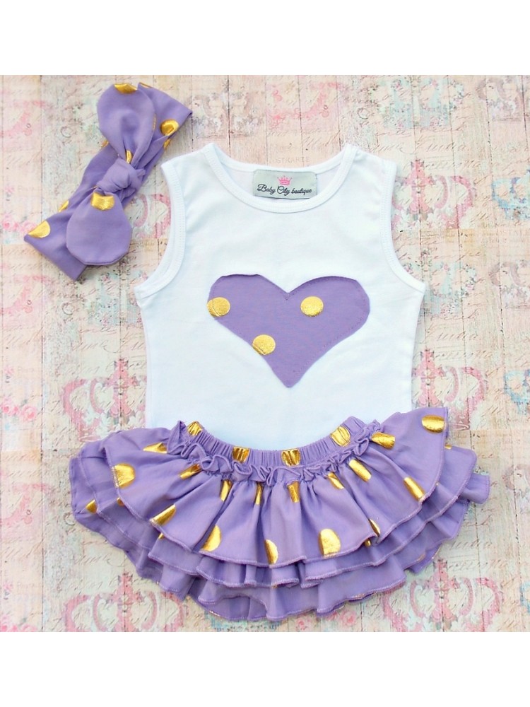Baby Girl Summer Outfits Set Gold Dots Lavender