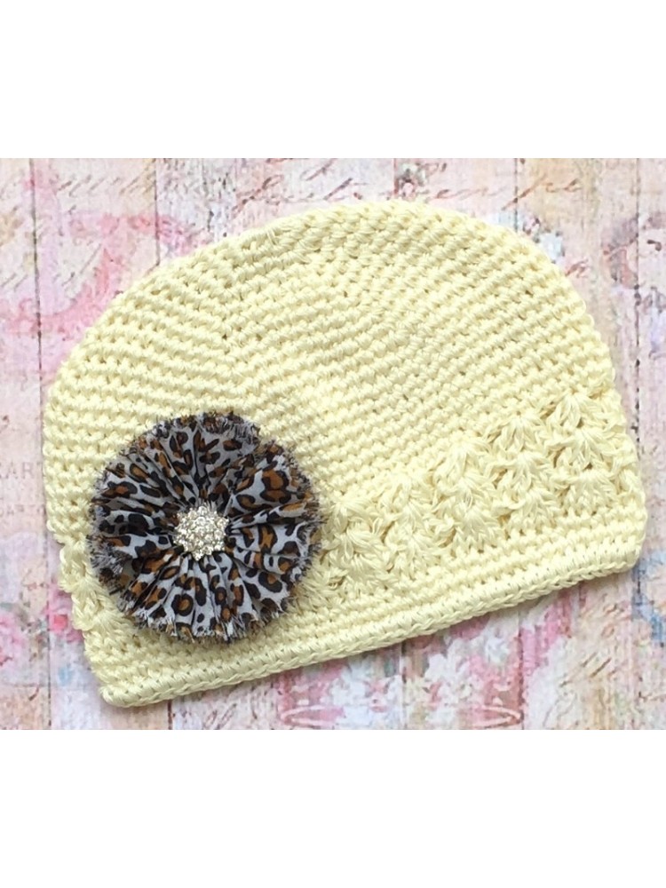 Crochet Baby Girl Hat Cream with Leopard