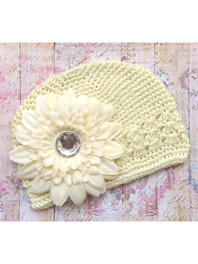 Crochet Baby Girl Hat Cream with Flower