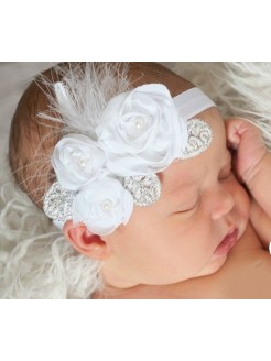 Newborn Headband White roses with silver leaves and feathers