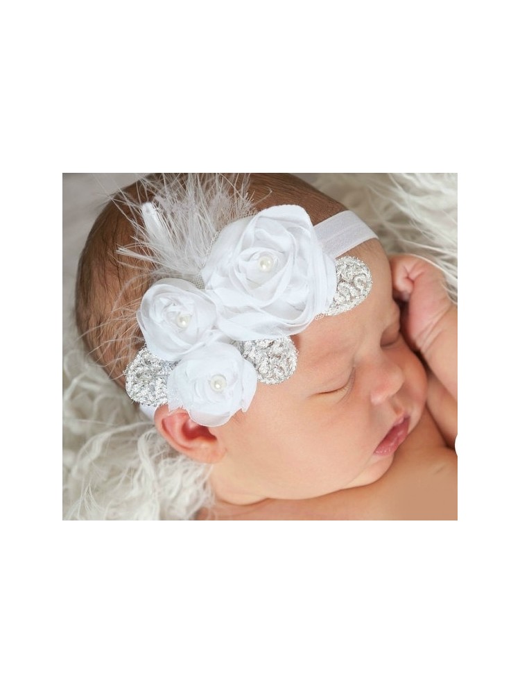 Newborn Headband White roses with silver leaves and feathers