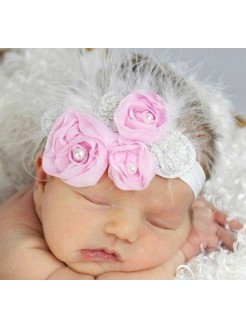 headband Pink chiffon roses with silver leaves and feathers