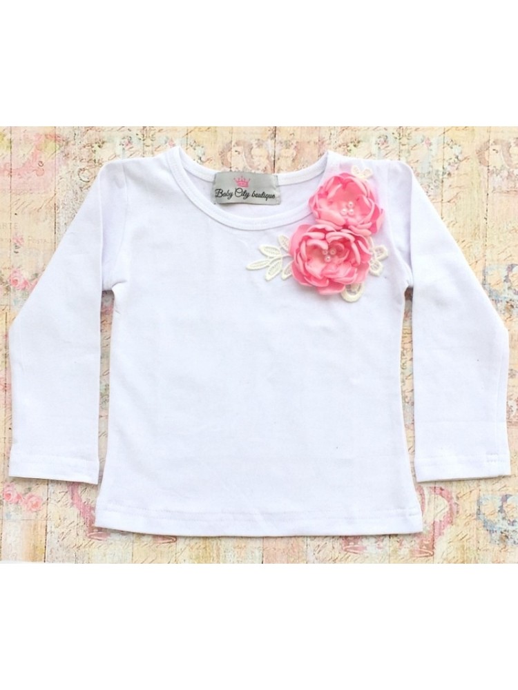 baby girl top decorated with handmade baby pink flowers