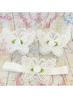 Baby Girl Christening Barefoot Sandals Shoes White butterfly with white rose