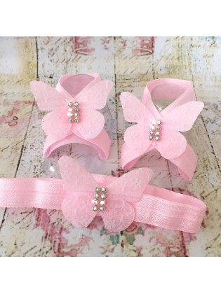 Baby Girl Barefoot Sandals Headband set Pink lace