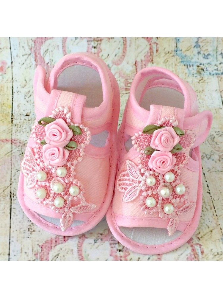 Baby Girl Christening Sandals Pink Roses