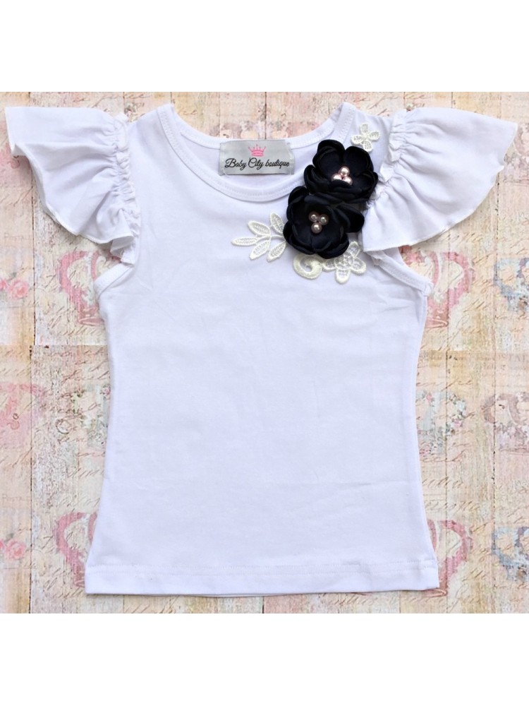 baby girl cotton top decorated with handmade flowers navy blue