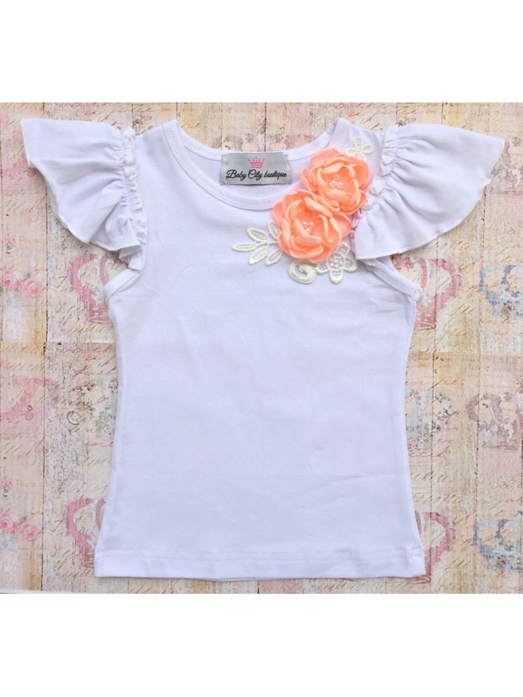 baby girl top decorated with handmade flowers peach