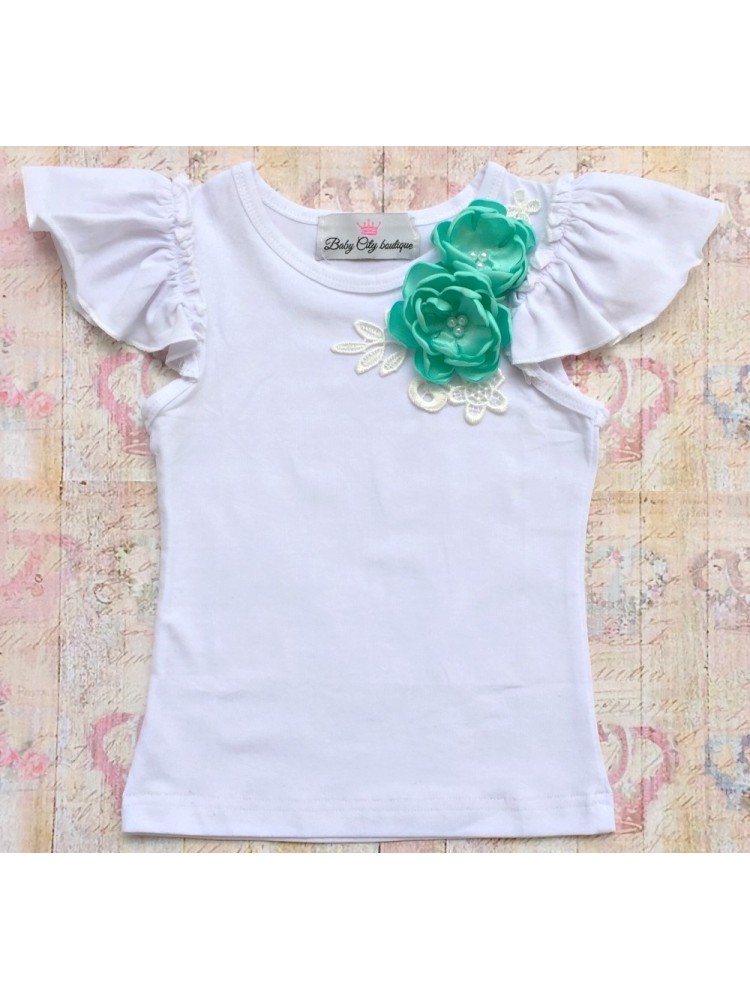 baby girl top decorated with handmade flowers aquamint