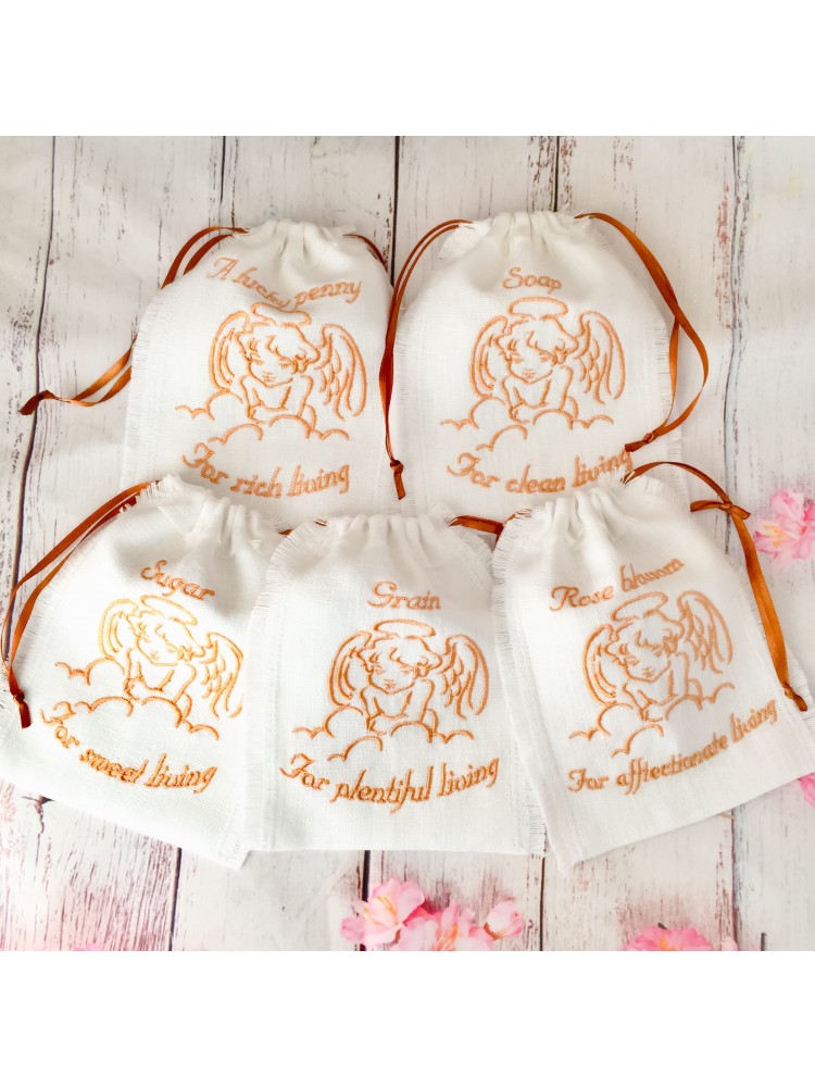 Linen bags for symbolic trinkets gold angel Linen bags for symbolic trinkets gold angel