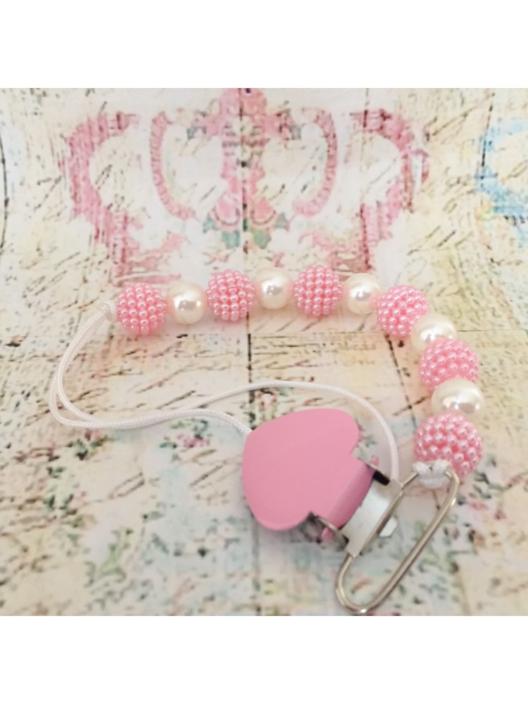 Pacifier clip with white and pink pearls