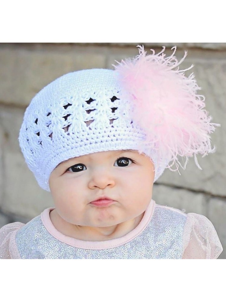 Crochet girl hat white with pink marabou