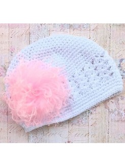 Crochet girl hat white with pink marabou