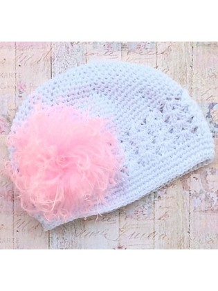 Crochet girl hat white with pink marabou