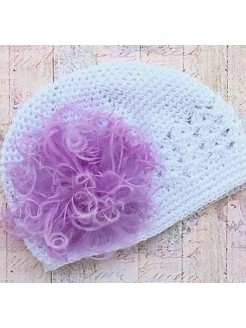 Handmade Baby Girl Hat White with Lavender Marabou