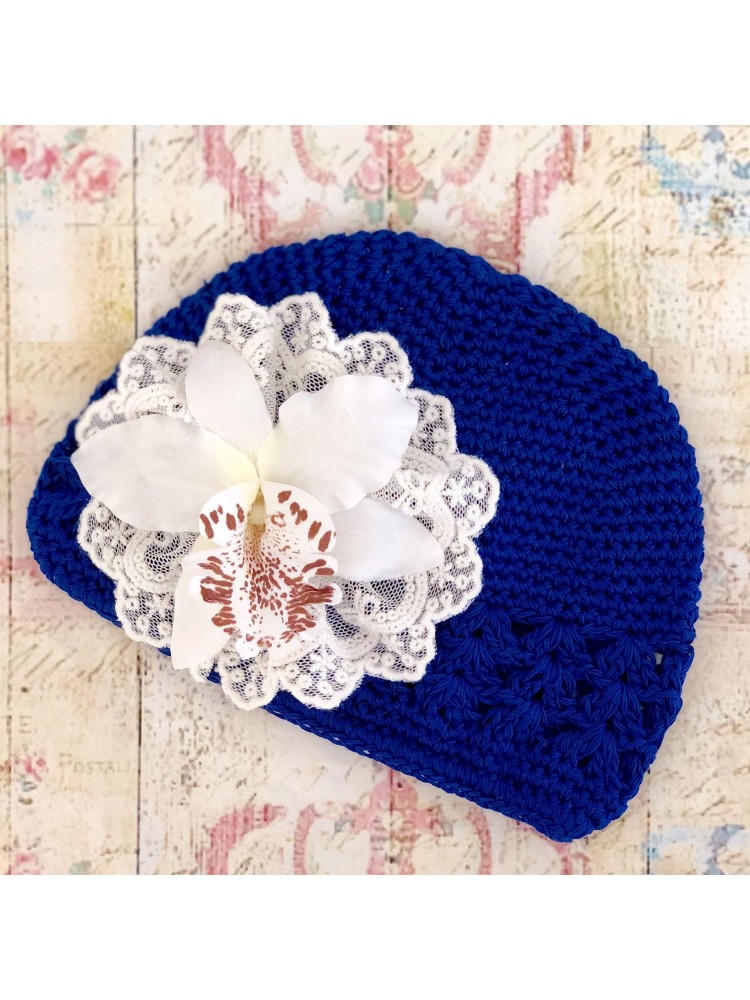 Baby girl blue beanie hat with orchidea