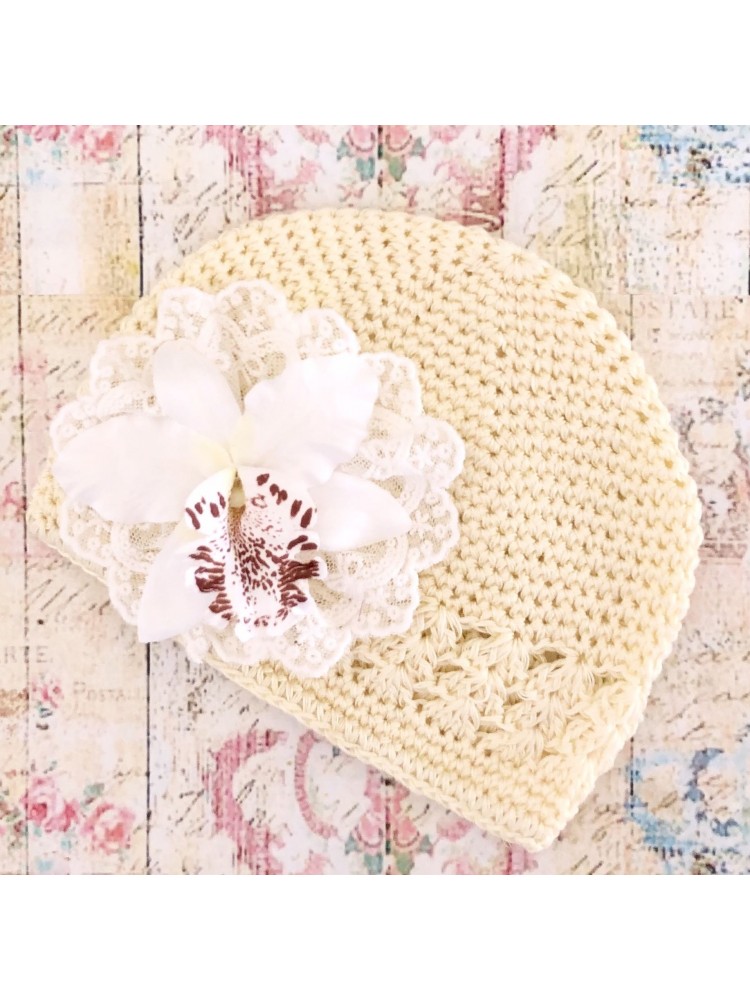 Baby girl cream beanie hat with orchidea