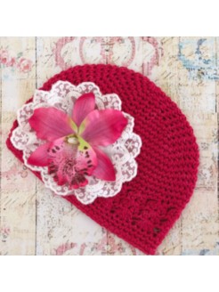 Baby girl fuchsia beanie hat with orchidea