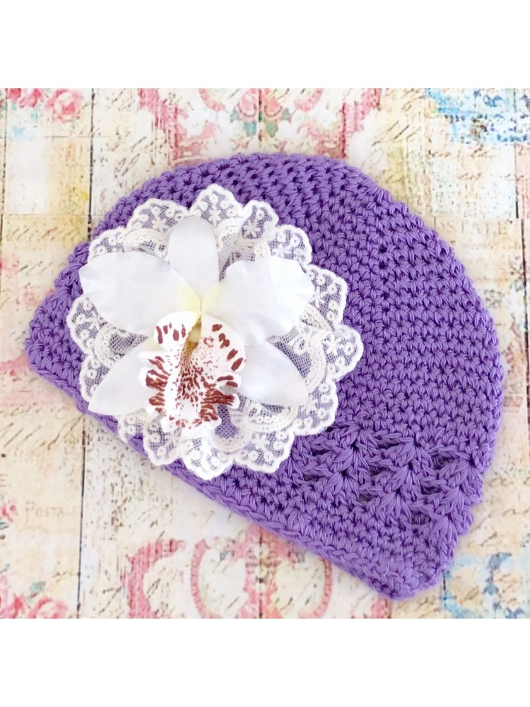 Baby girl lavender beanie hat with orchidea