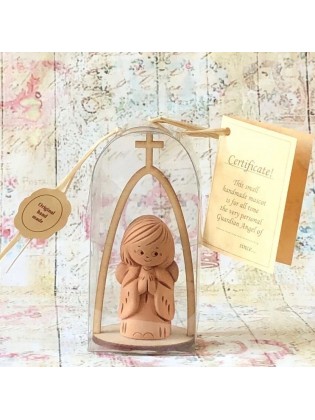 Handmade ceramic guardian angel with wooden cross and certificate card for baptism, christening, wedding, or Christmas gift