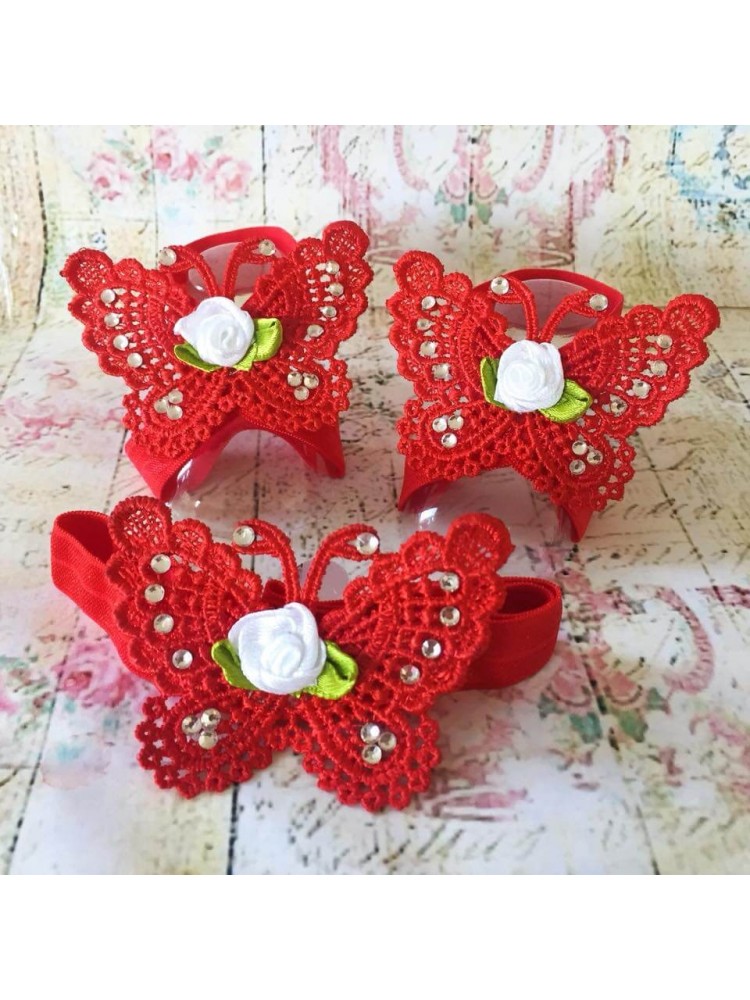Baby girl barefoot sandals set Red butterfly Baby girl barefoot sandals set Red butterfly