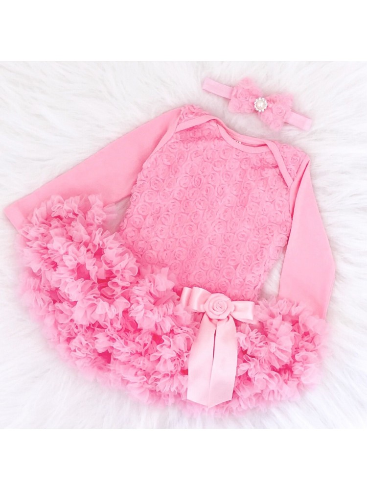 Baby Girl Pink Tutu Onesie Dress With Headband Baby Girl Pink Tutu Onesie Dress With Headband