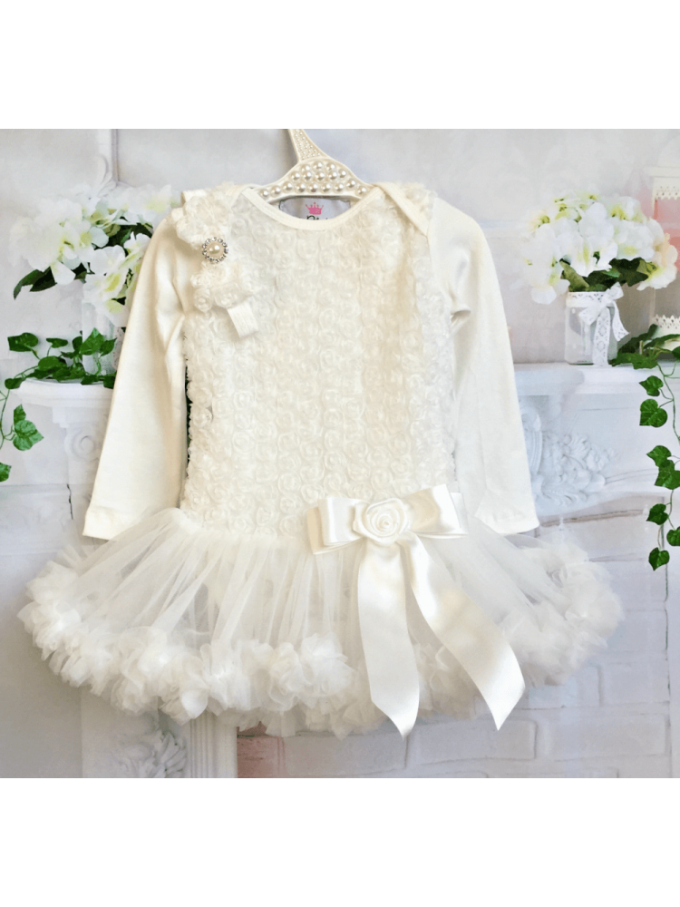 Baby Girl Ivory Tutu Onesie Dress With Headband