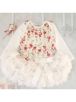 Baby Girl Tutu Onesie Dress Ivory Flowers