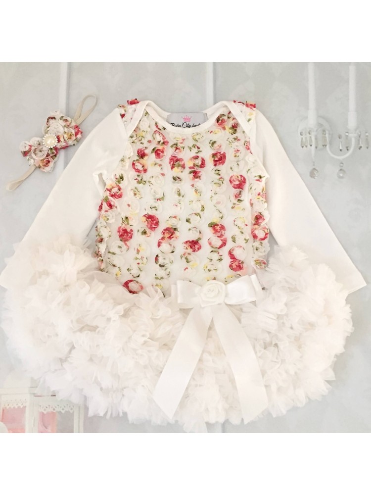 Baby Girl Tutu Onesie Dress Ivory Flowers Baby Girl Tutu Onesie Dress Ivory Flowers
