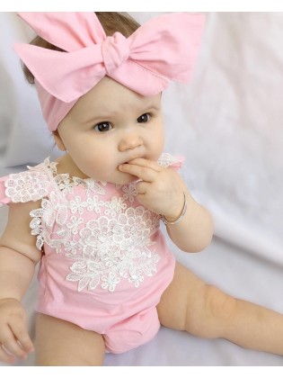 Baby Girl Cotton Romper Pink With Lace