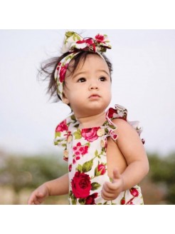 Baby Girl Cotton Romper With Headband Burgundy Flowers 