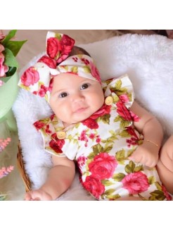 Baby Girl Cotton Romper With Headband Burgundy Flowers 