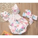 Baby Girl Cotton Romper With Headband Spring Flowers