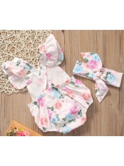 Baby Girl Cotton Romper With Headband Spring Flowers