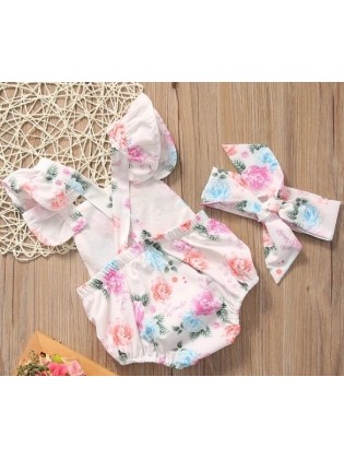 Baby Girl Cotton Romper With Headband Spring Flowers