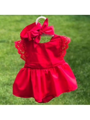 Baby Girl Red Romper Dress With Headband