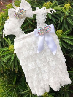 Baby Girl White Lace Romper With Headband Crystals