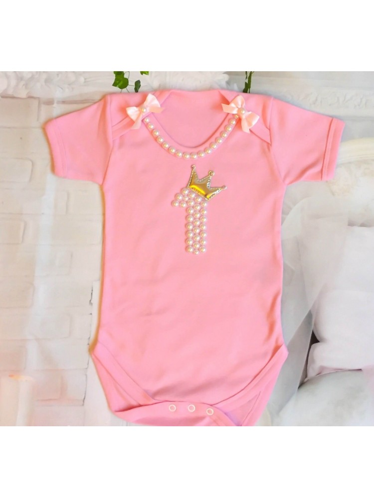 Baby Girl First Birthday Romper Pink With Pearls