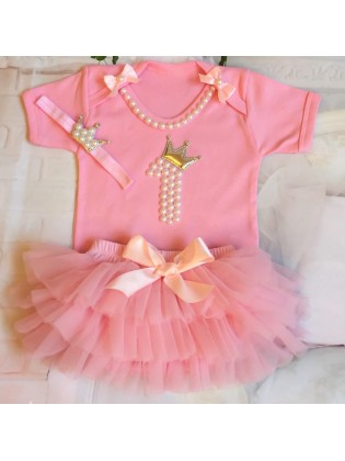 Baby Girl First Birthday Romper Pink With Pearls