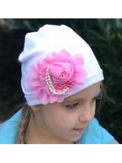 Baby Girl Cotton Hat With Chiffon And Pearl Flower