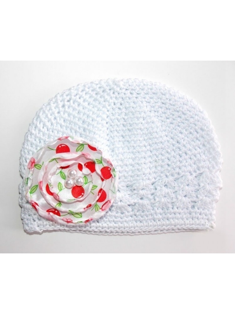 Handmade Baby Girl Hat White With Cherry Flower