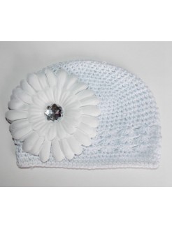 Crochet Baby Christening Hat White With White Flower