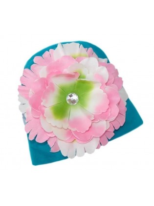 Girl Cotton Hat Aqua With Pink Flower