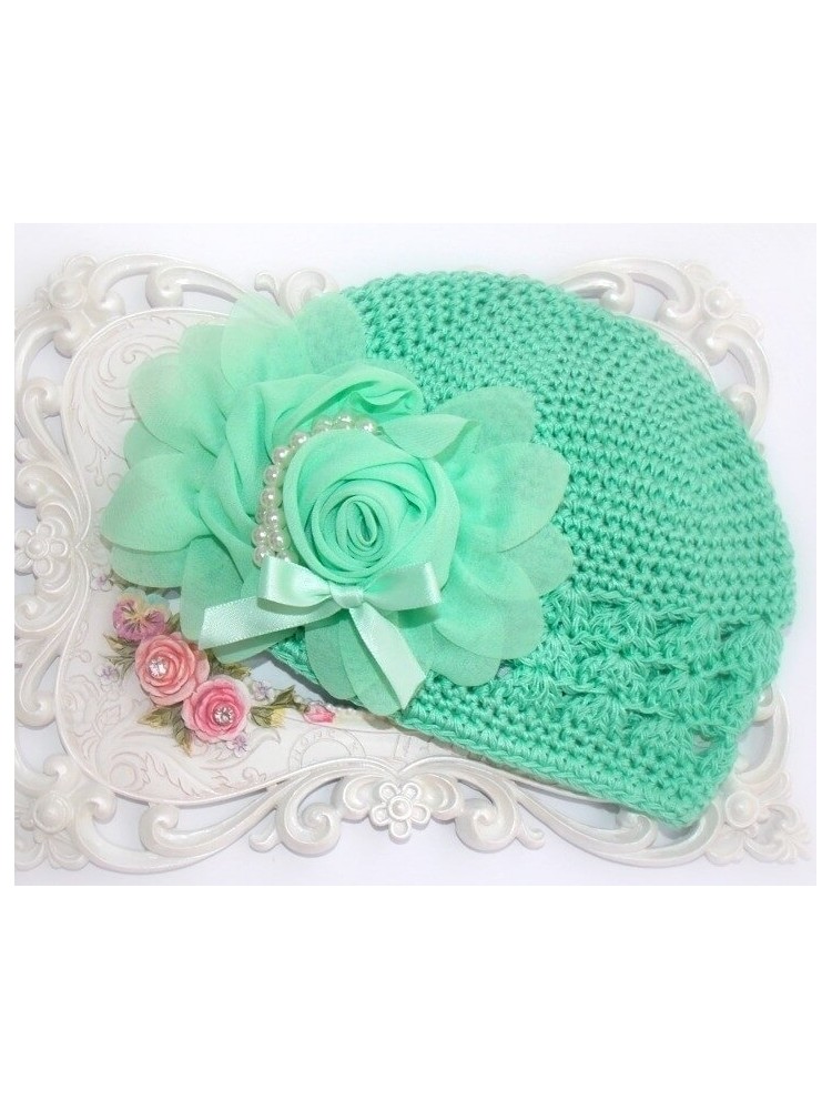 Crochet Baby Girl Hat Aquamint With Rose And Pearls