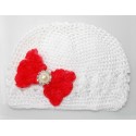 Crochet Baby Hat White With Red Diamante Bow