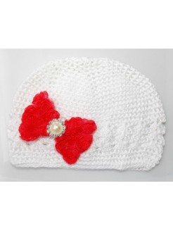 Crochet hat white with red diamante bow