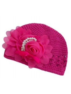 Crochet hat fuchsia with fuchsia rose and pearls