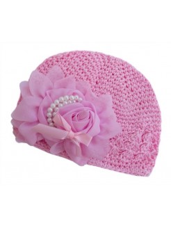 Crochet hat pink with rose and pearls