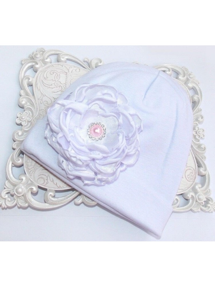 Handmade Baby Girl Christening Hat White Rhinestone Flower